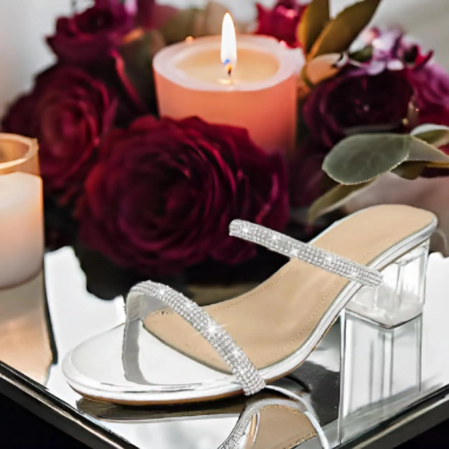 Women's Clear Block Heels Sparkly Strappy Slip On Dressy Sandals
