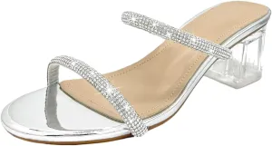 Women's Clear Block Heels Sparkly Strappy Slip On Dressy Sandals