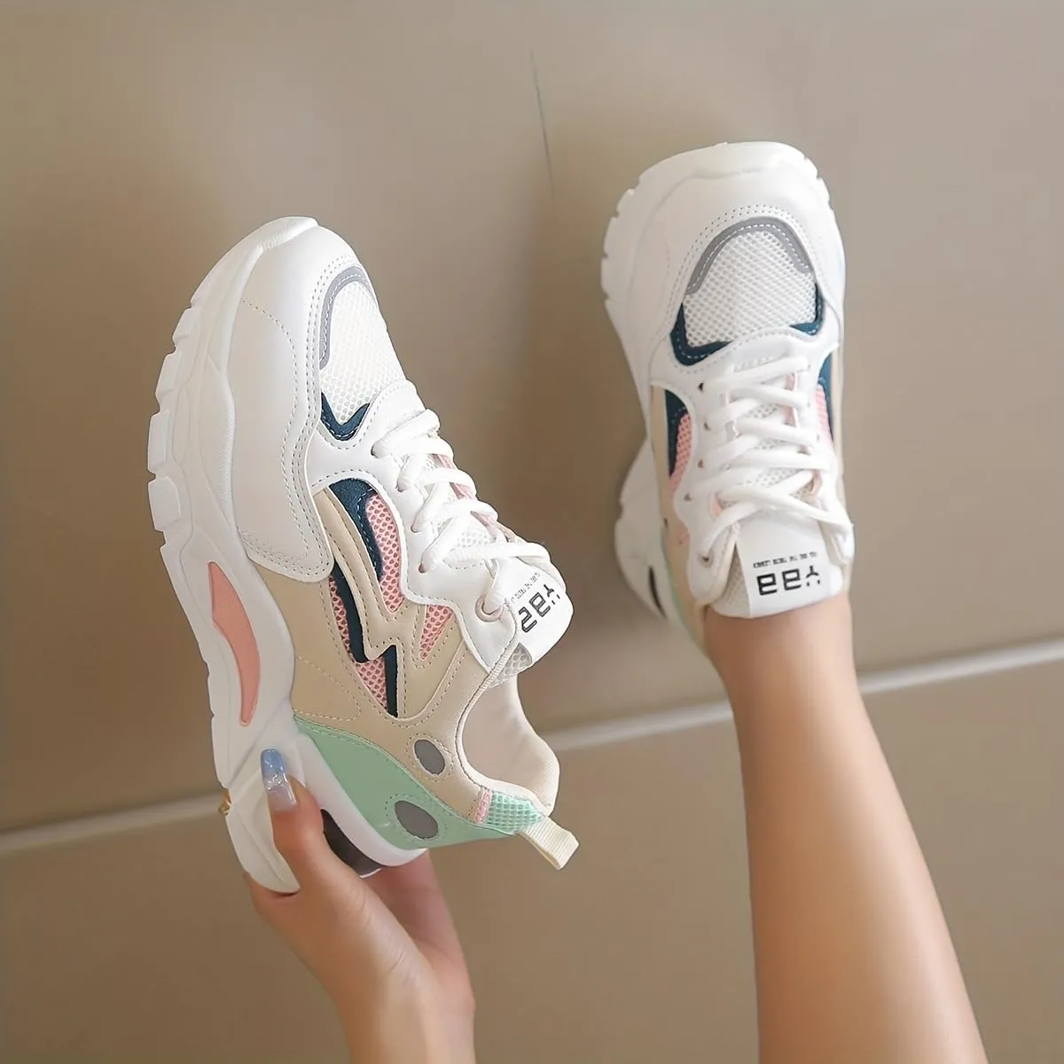 Women's Colorblock Mesh Sneakers, Lace Up Breathable Casual Sporty Trainers, Platform Low-top Running Shoes