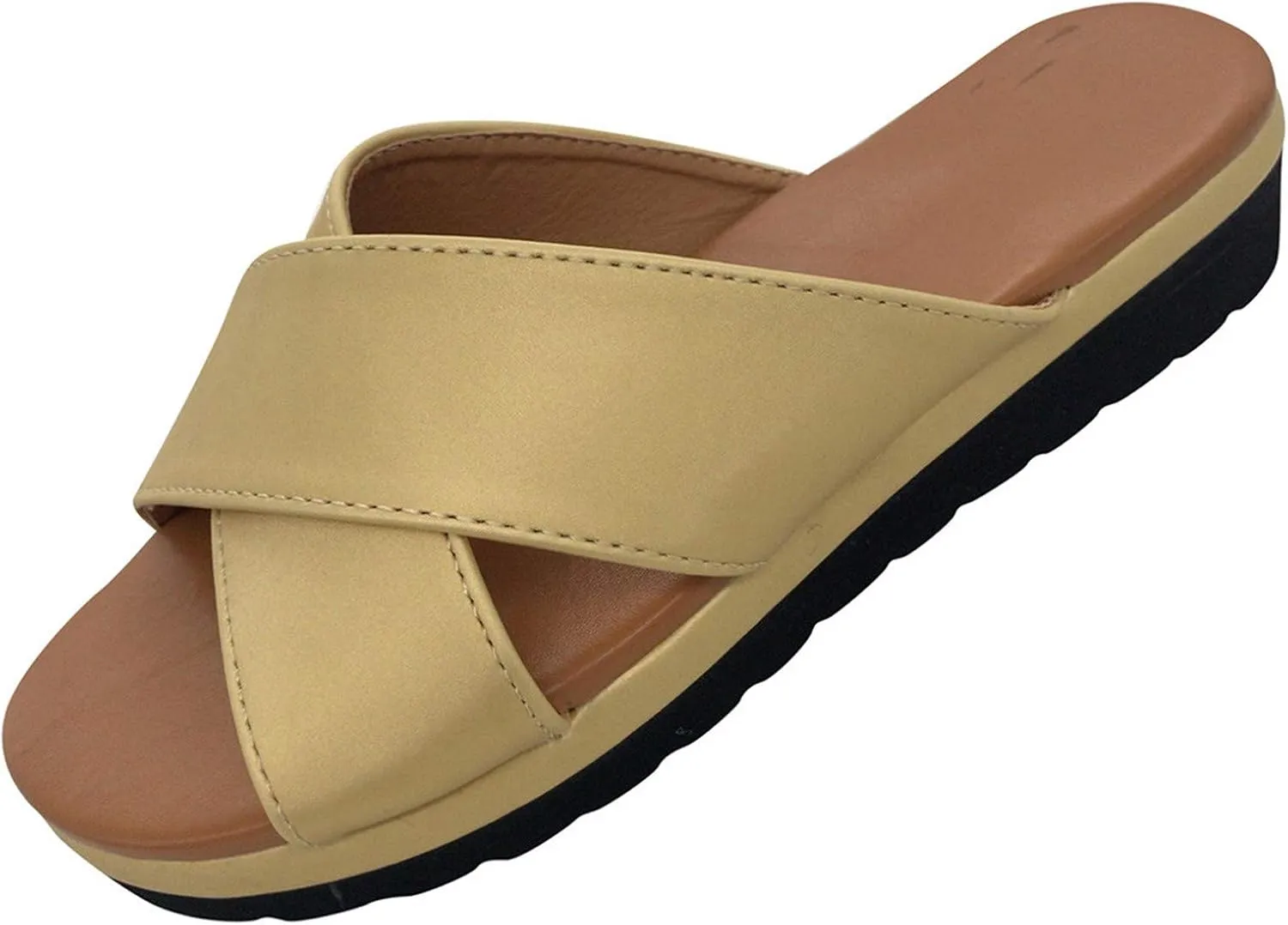 Womens Cross Straps Wedge Sandals Solid Comfortable Non-Slip Flat Shoes Summer Casual Open Toe Slip-on Slippers Trendy Beach Sandals Flip Flops