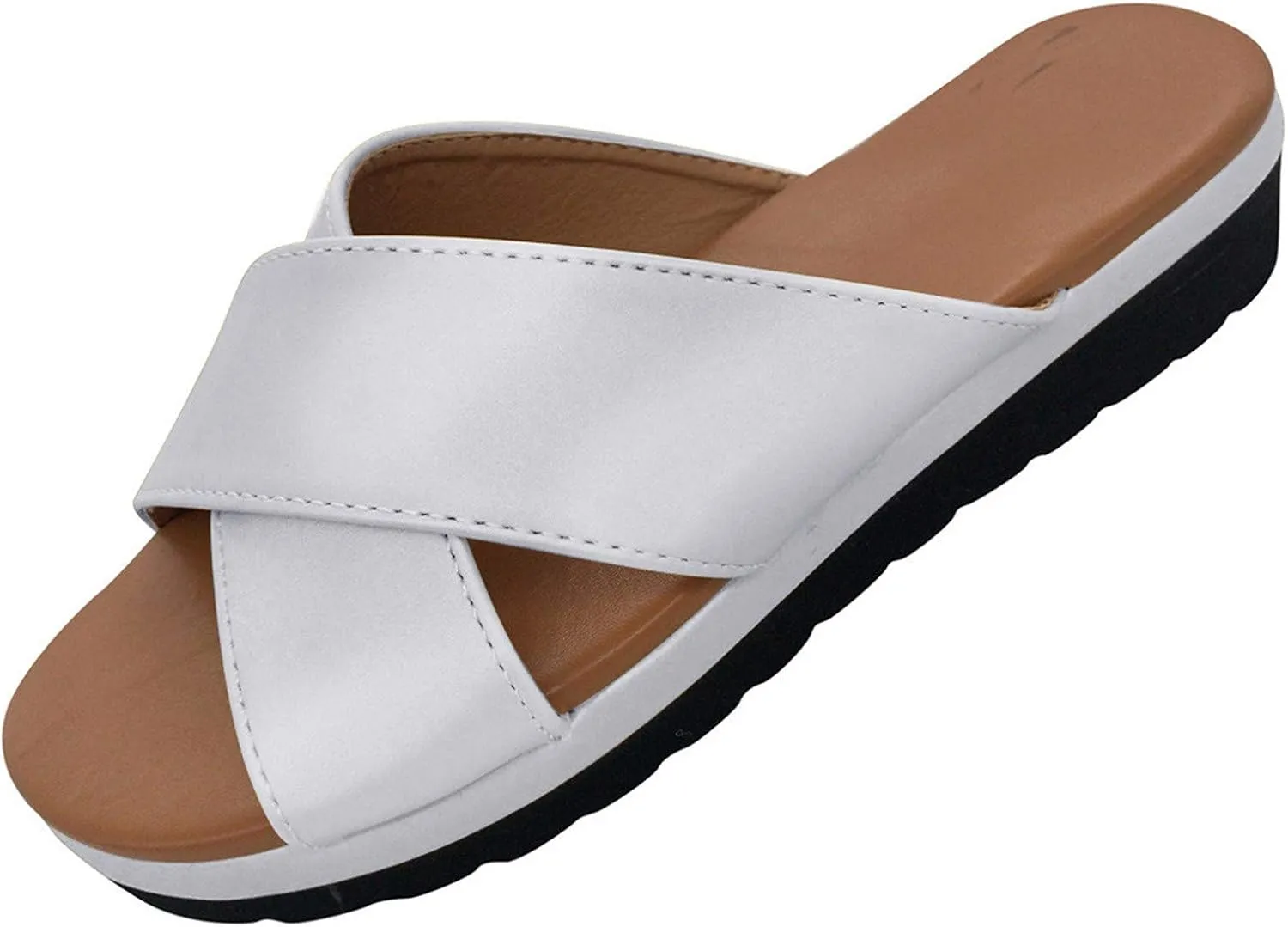 Womens Cross Straps Wedge Sandals Solid Comfortable Non-Slip Flat Shoes Summer Casual Open Toe Slip-on Slippers Trendy Beach Sandals Flip Flops
