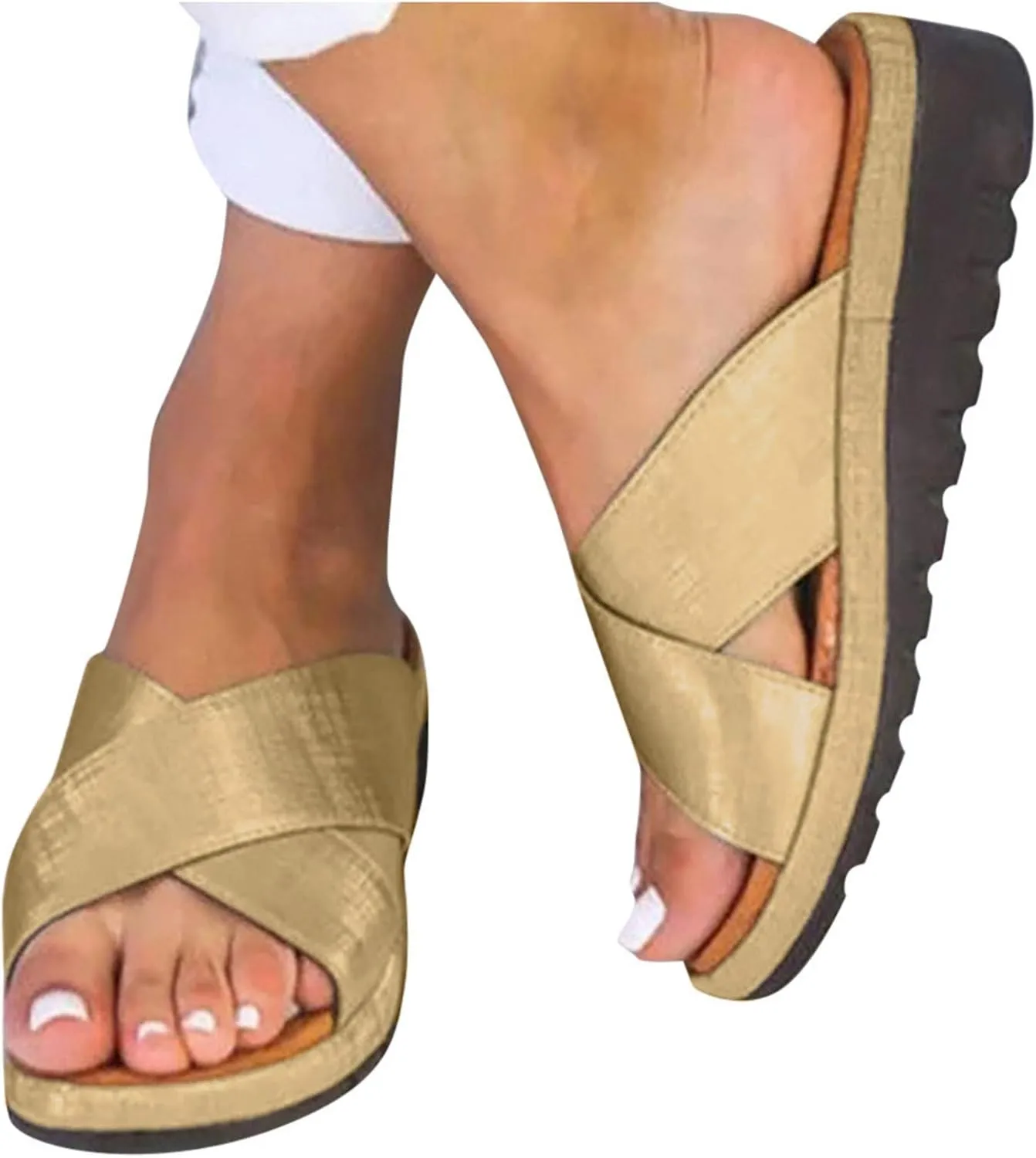Womens Cross Straps Wedge Sandals Solid Comfortable Non-Slip Flat Shoes Summer Casual Open Toe Slip-on Slippers Trendy Beach Sandals Flip Flops