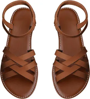 Womens Dressy Elastic Ankle Gladiator Sandals Summer Cute Open Toe Slip On Cross Strappy Flat Back Zipper Comfy Roman Shoes