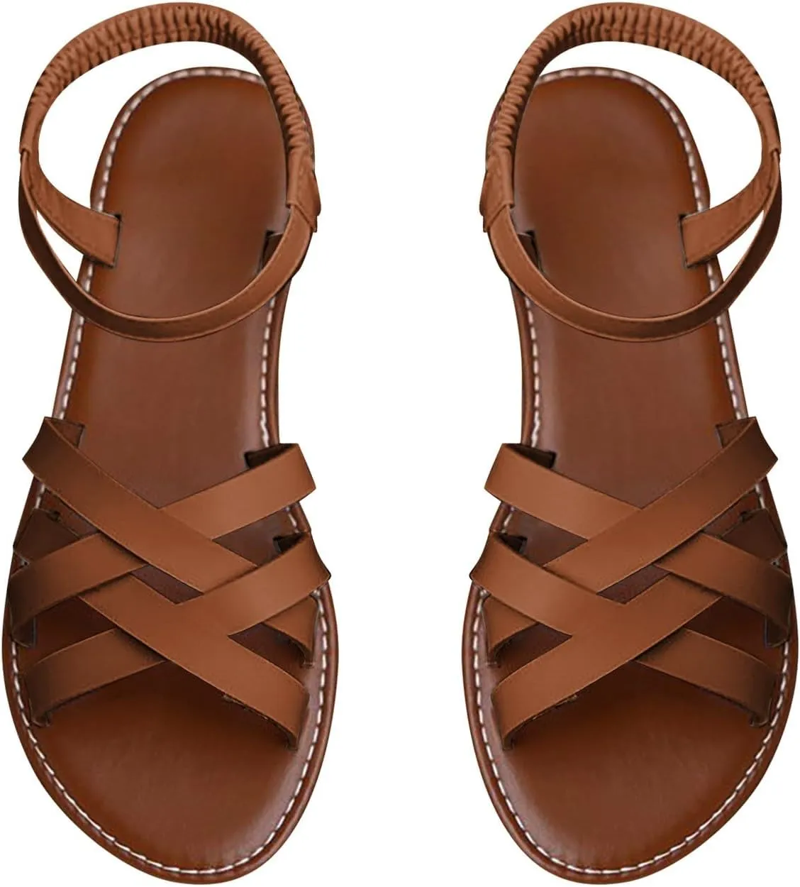 Womens Dressy Elastic Ankle Gladiator Sandals Summer Cute Open Toe Slip On Cross Strappy Flat Back Zipper Comfy Roman Shoes
