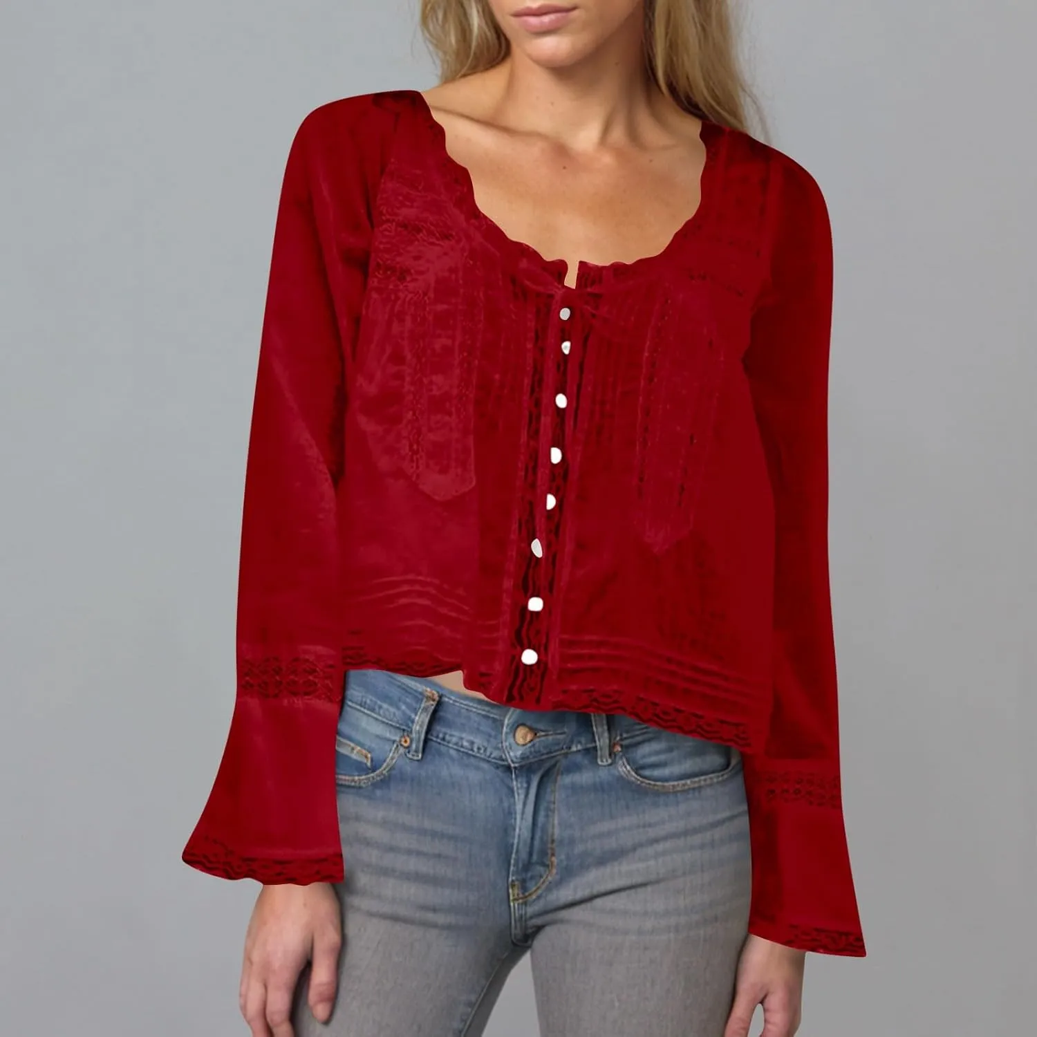 Women's Fashion Boho Chiffon Shirts Lace Hollow Out Button Down Long Sleeves Cardigan Y2k Crop Tops Vacation Tops