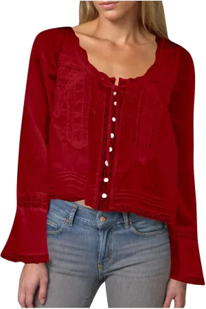 Women's Fashion Boho Chiffon Shirts Lace Hollow Out Button Down Long Sleeves Cardigan Y2k Crop Tops Vacation Tops