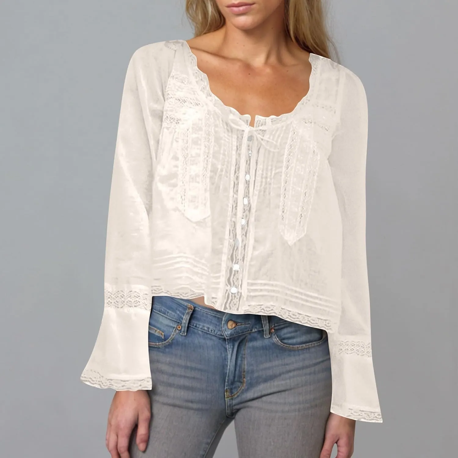 Women's Fashion Boho Chiffon Shirts Lace Hollow Out Button Down Long Sleeves Cardigan Y2k Crop Tops Vacation Tops