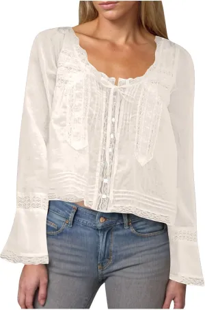 Women's Fashion Boho Chiffon Shirts Lace Hollow Out Button Down Long Sleeves Cardigan Y2k Crop Tops Vacation Tops