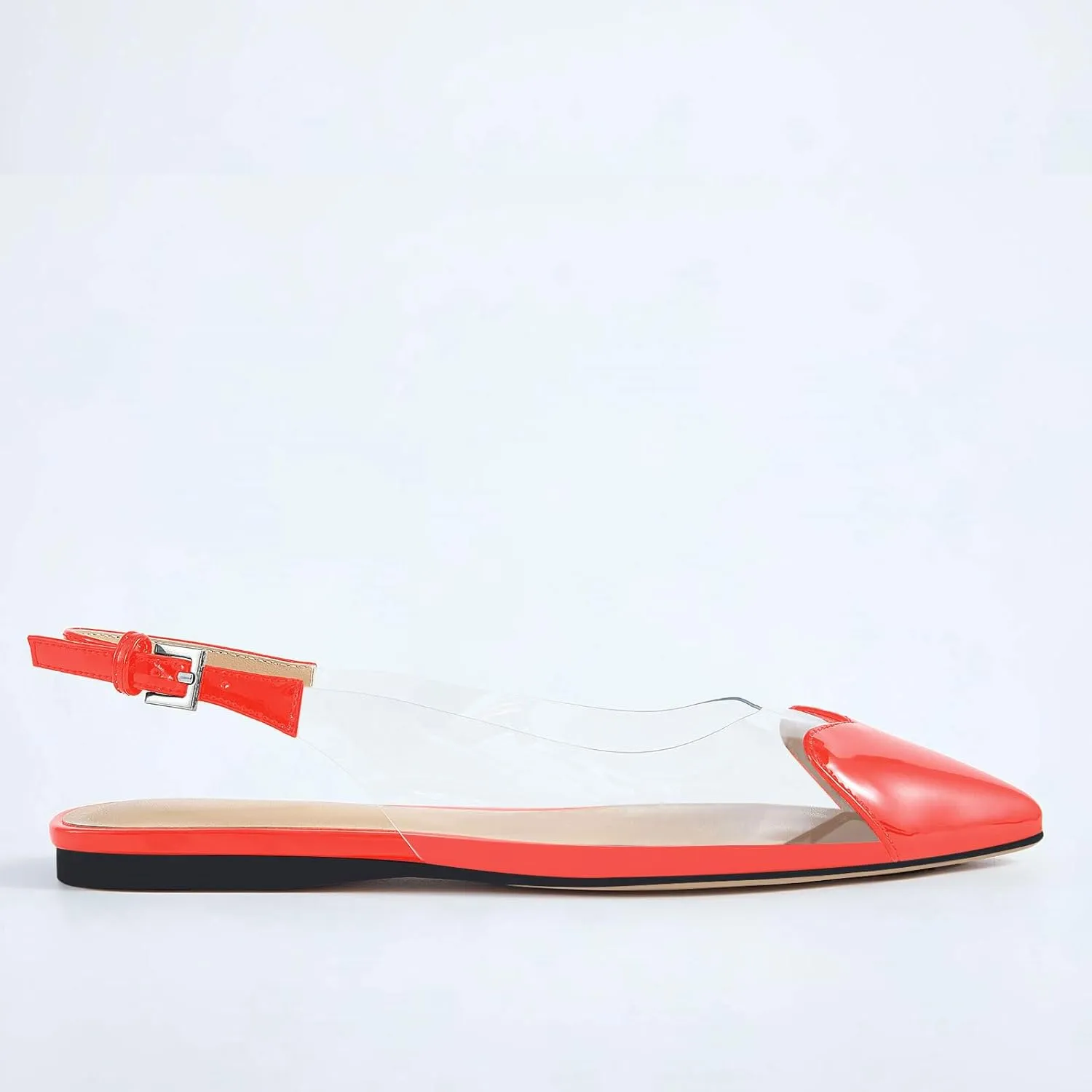 Women's Fashion Pointed Toe Heart Transparent PVC Slingback Flat Shoes Comfort Slip On Cap Toe Clear Ballet Flats Work Wedding Dress Flat Shoes for Women
