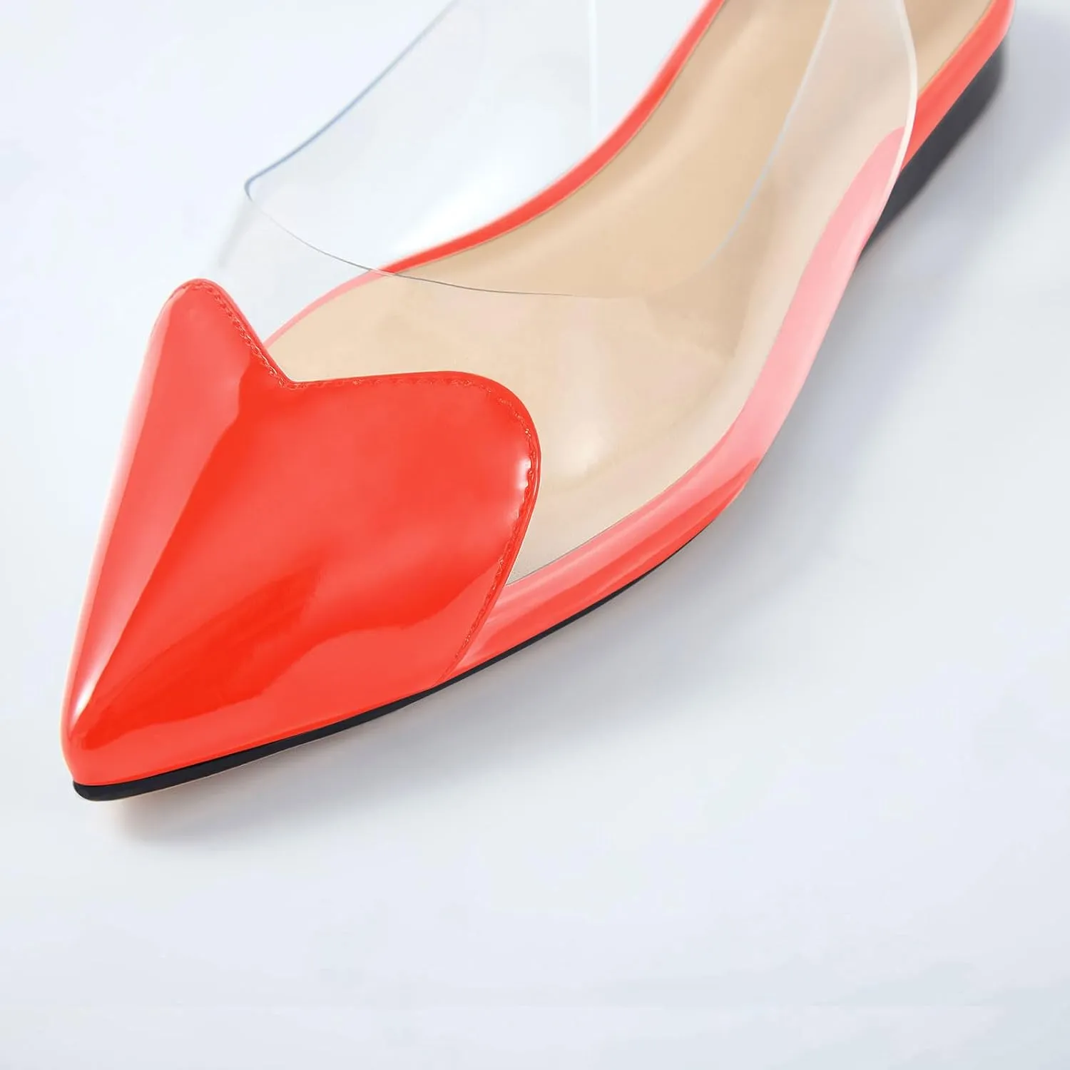 Women's Fashion Pointed Toe Heart Transparent PVC Slingback Flat Shoes Comfort Slip On Cap Toe Clear Ballet Flats Work Wedding Dress Flat Shoes for Women