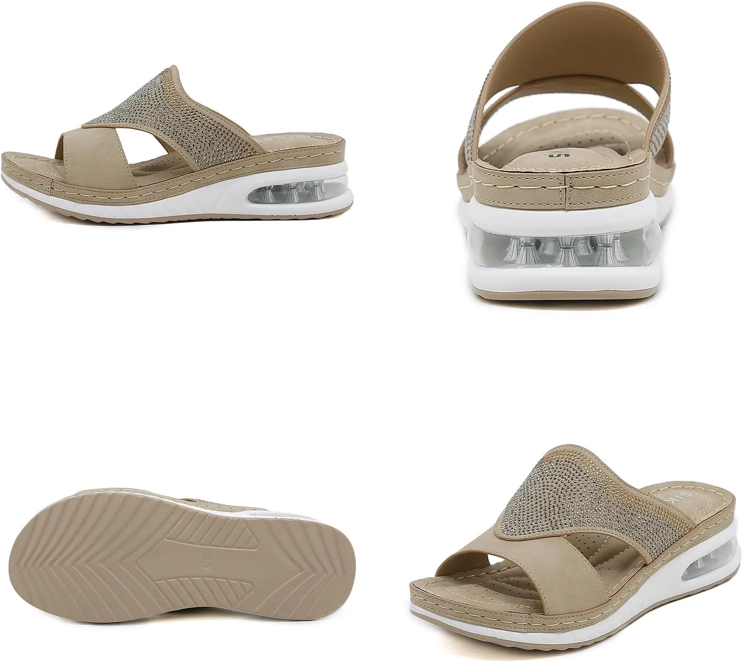 Women's Fashion Rhinestones Wedge Air Cushion Sandals Comfort Round Open Toe Slip On Arch Support Anti-Slip Platform Casual Summer Walking Beach Slides Sandals