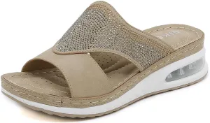 Women's Fashion Rhinestones Wedge Air Cushion Sandals Comfort Round Open Toe Slip On Arch Support Anti-Slip Platform Casual Summer Walking Beach Slides Sandals