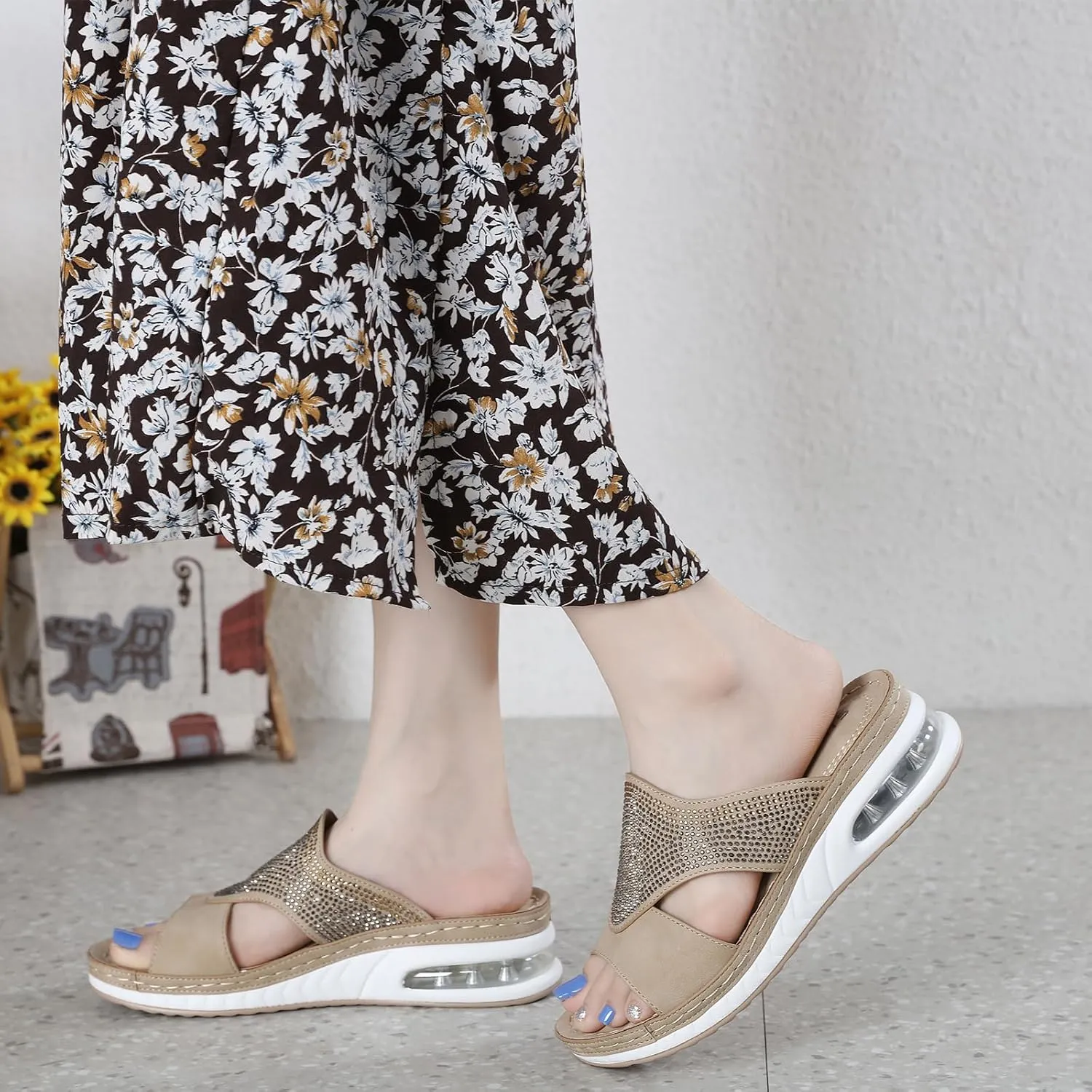 Women's Fashion Rhinestones Wedge Air Cushion Sandals Comfort Round Open Toe Slip On Arch Support Anti-Slip Platform Casual Summer Walking Beach Slides Sandals