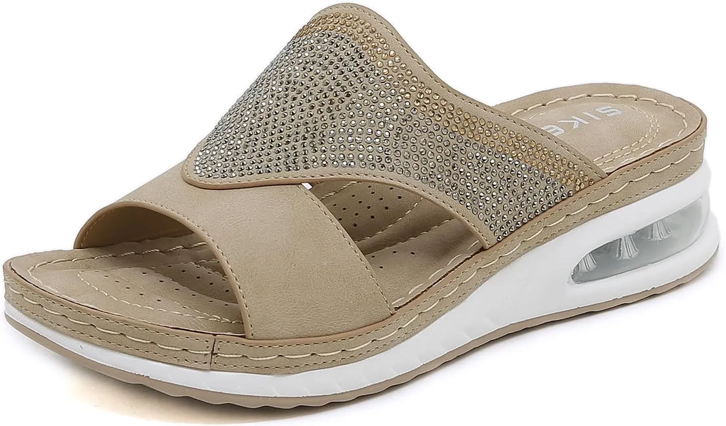 Women's Fashion Rhinestones Wedge Air Cushion Sandals Comfort Round Open Toe Slip On Arch Support Anti-Slip Platform Casual Summer Walking Beach Slides Sandals