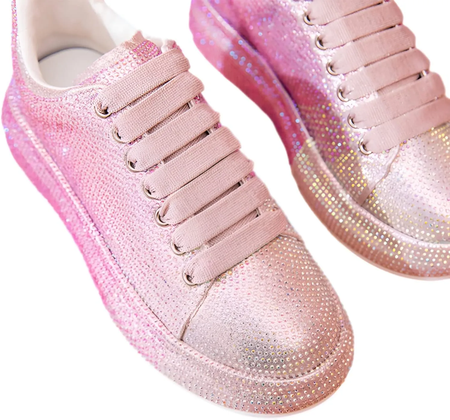 Women's Fashion Thick Sole Sneakers Glitter Gradient Colors Rhinestones Lace-Up Casual Sports Shoes