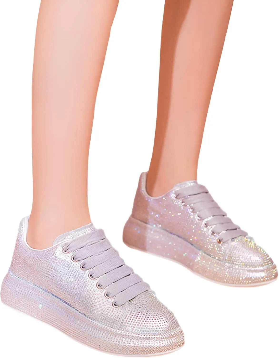 Women's Fashion Thick Sole Sneakers Glitter Gradient Colors Rhinestones Lace-Up Casual Sports Shoes