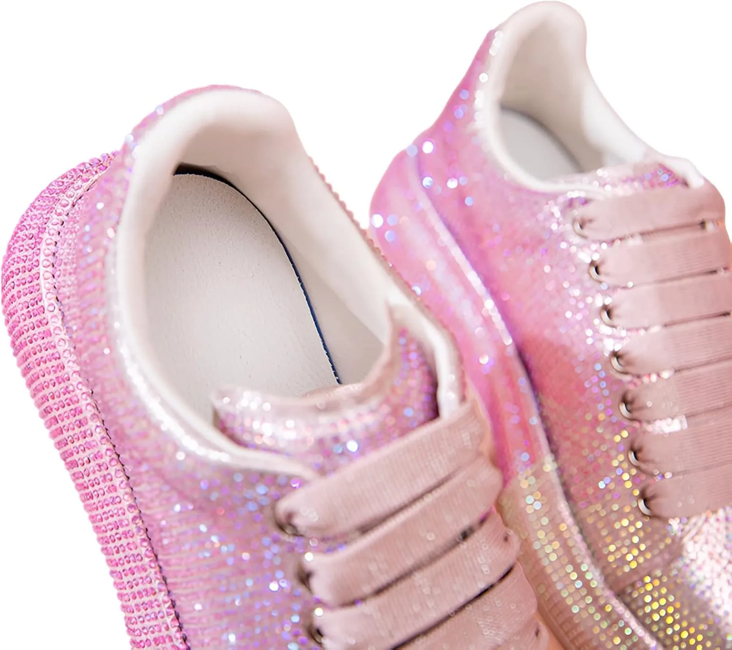 Women's Fashion Thick Sole Sneakers Glitter Gradient Colors Rhinestones Lace-Up Casual Sports Shoes