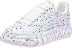 Women's Fashion Thick Sole Sneakers Glitter Gradient Colors Rhinestones Lace-Up Casual Sports Shoes