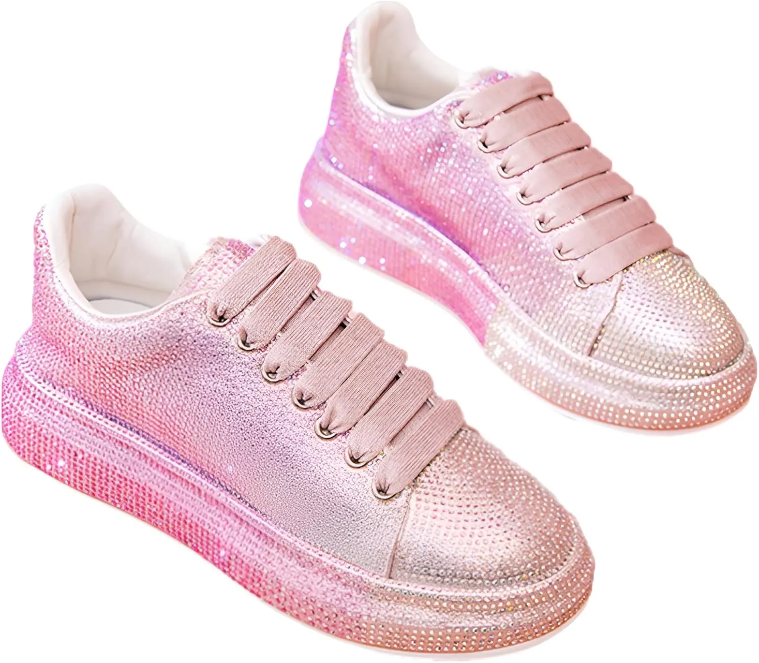 Women's Fashion Thick Sole Sneakers Glitter Gradient Colors Rhinestones Lace-Up Casual Sports Shoes