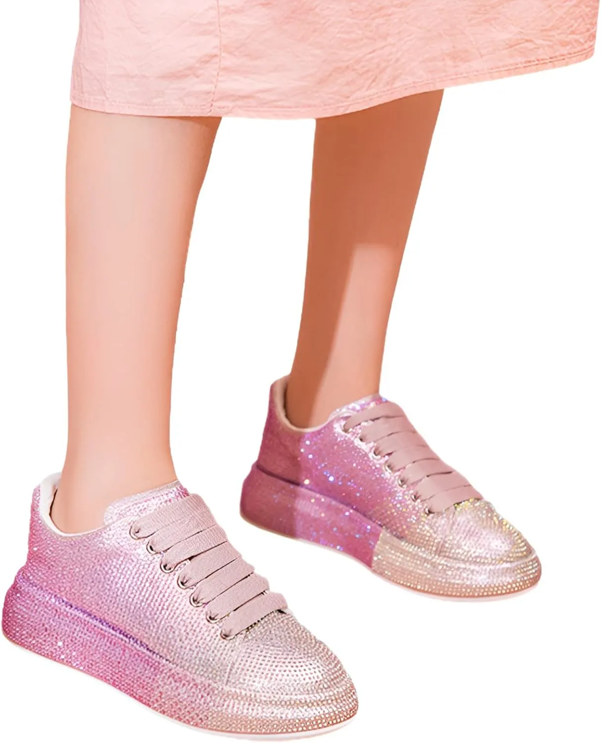 Women's Fashion Thick Sole Sneakers Glitter Gradient Colors Rhinestones Lace-Up Casual Sports Shoes