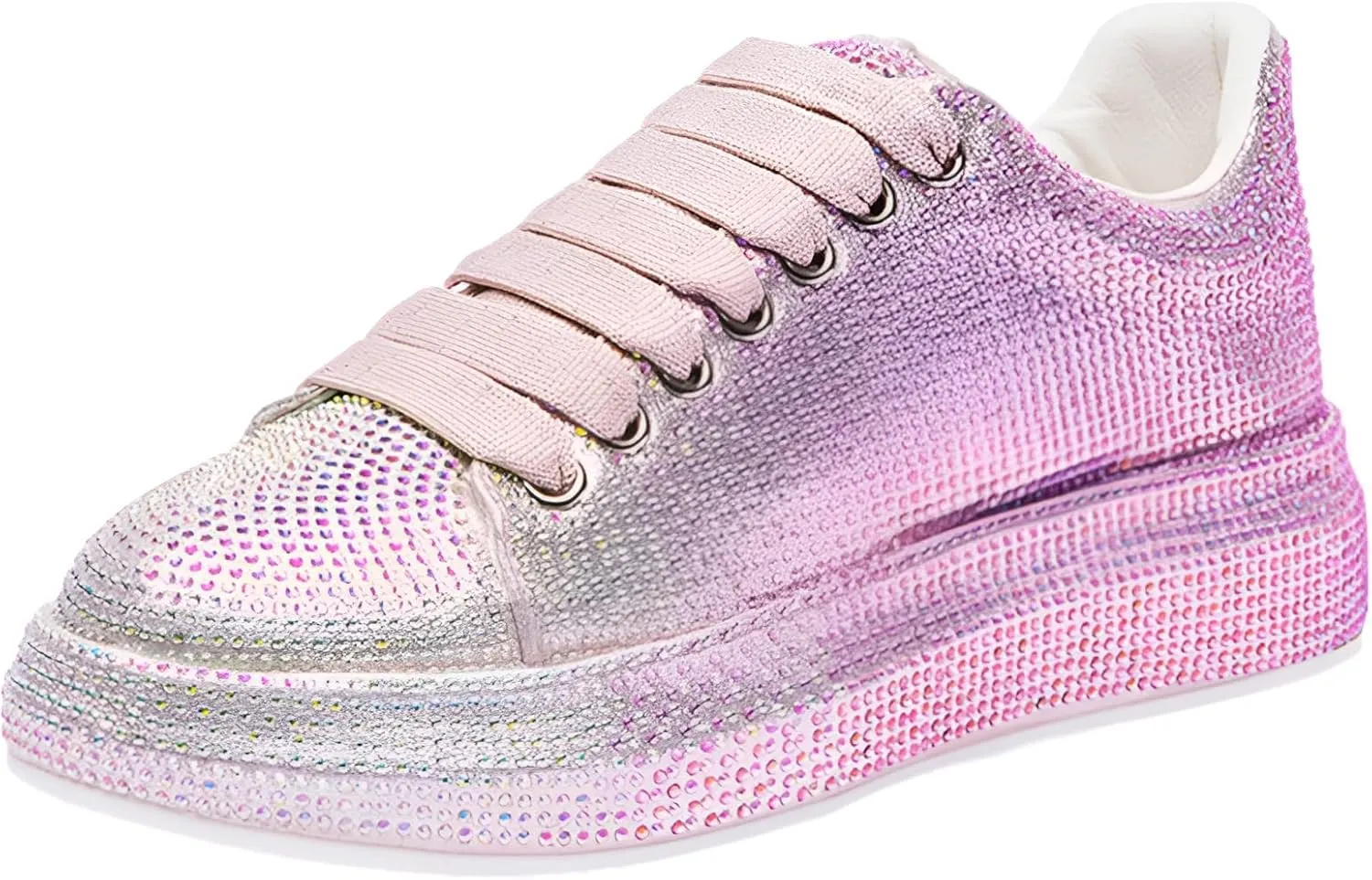 Women's Fashion Thick Sole Sneakers Glitter Gradient Colors Rhinestones Lace-Up Casual Sports Shoes