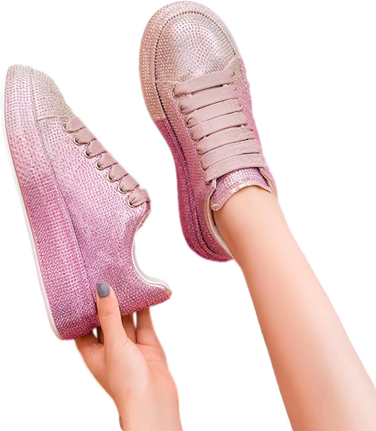 Women's Fashion Thick Sole Sneakers Glitter Gradient Colors Rhinestones Lace-Up Casual Sports Shoes