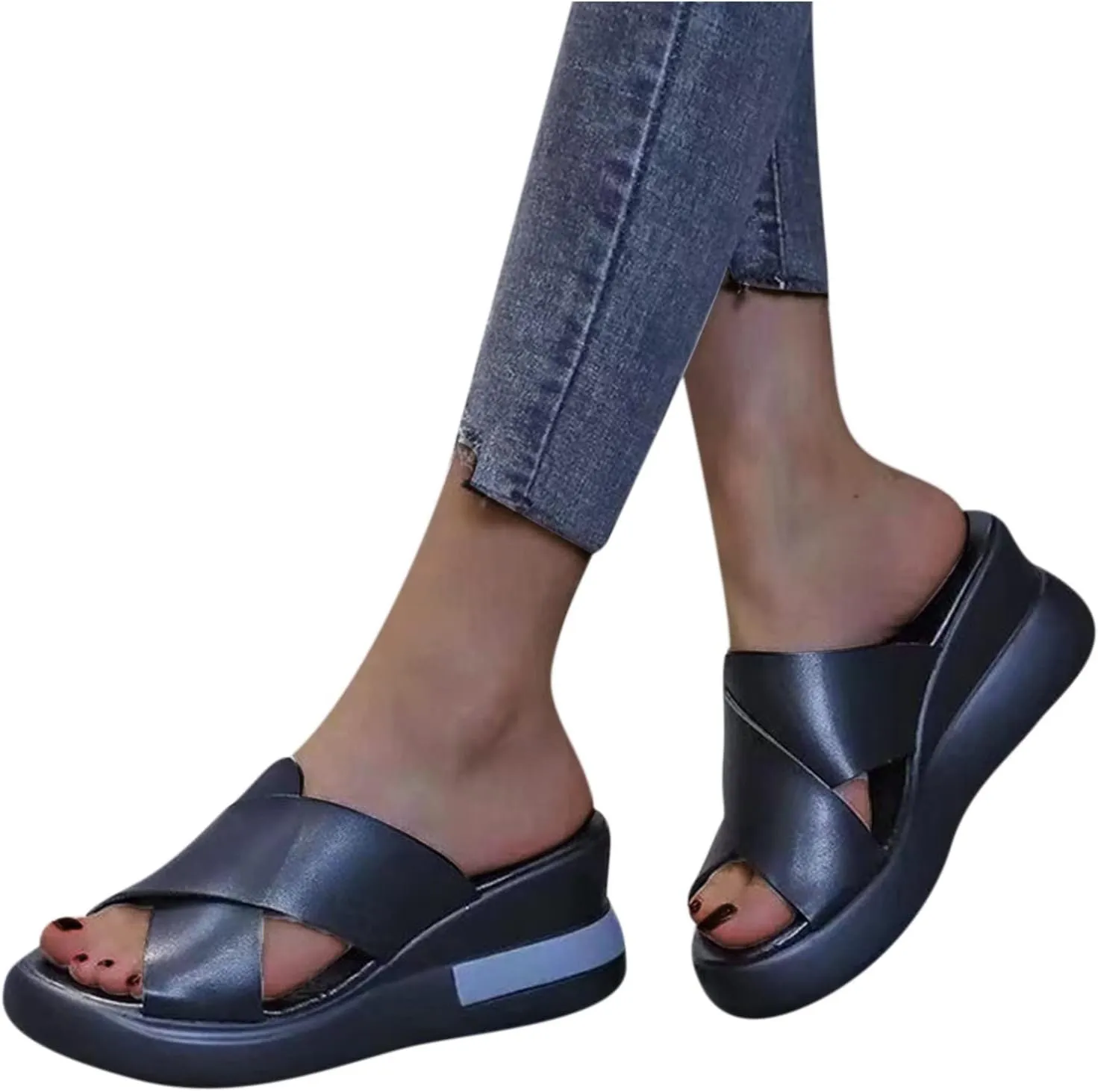 Women's Faux Leather Wedge Slipper Cross Thick Strappy Platform Sandal Summer Spring Casual Slide Slip on Sandals