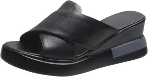 Women's Faux Leather Wedge Slipper Cross Thick Strappy Platform Sandal Summer Spring Casual Slide Slip on Sandals