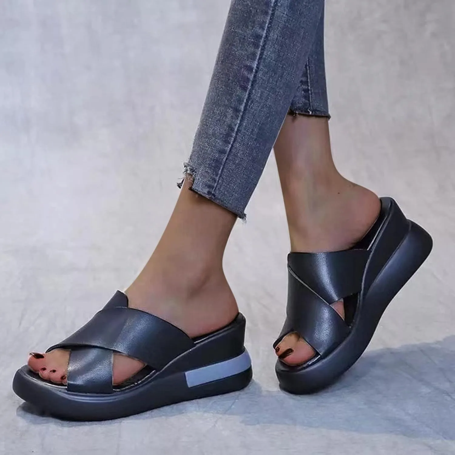 Women's Faux Leather Wedge Slipper Cross Thick Strappy Platform Sandal Summer Spring Casual Slide Slip on Sandals