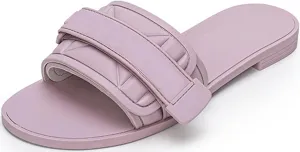 Women's Flat Sandals Adjustable Strap Summer Comfort Leather Slip on Slide Sandals