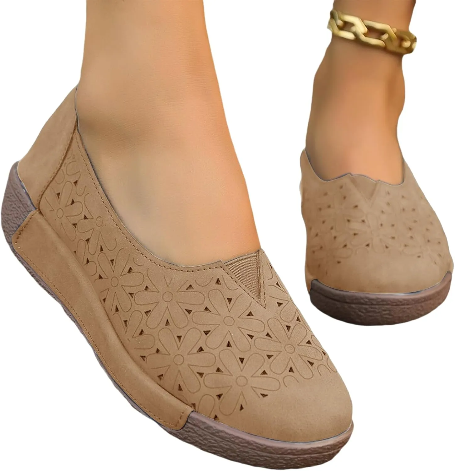 Women's Floral Ballet Flat Flats Shoes Slip On Flowers Round Toe Casual Dress Hollow Hole Summer Comfortable Work Office PU Leather Fashion Trendy Lazy with Eyelets Loafers