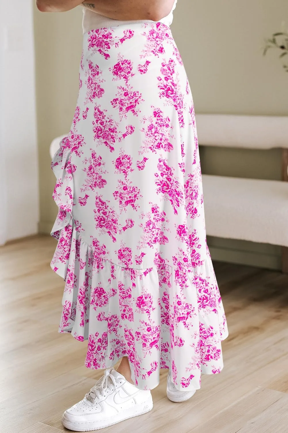 Women's Floral Printed Maxi Skirts Casual Boho Ruffle High Waisted Side Slit Bodycon Skirt Sexy A Line Flowy Skirts