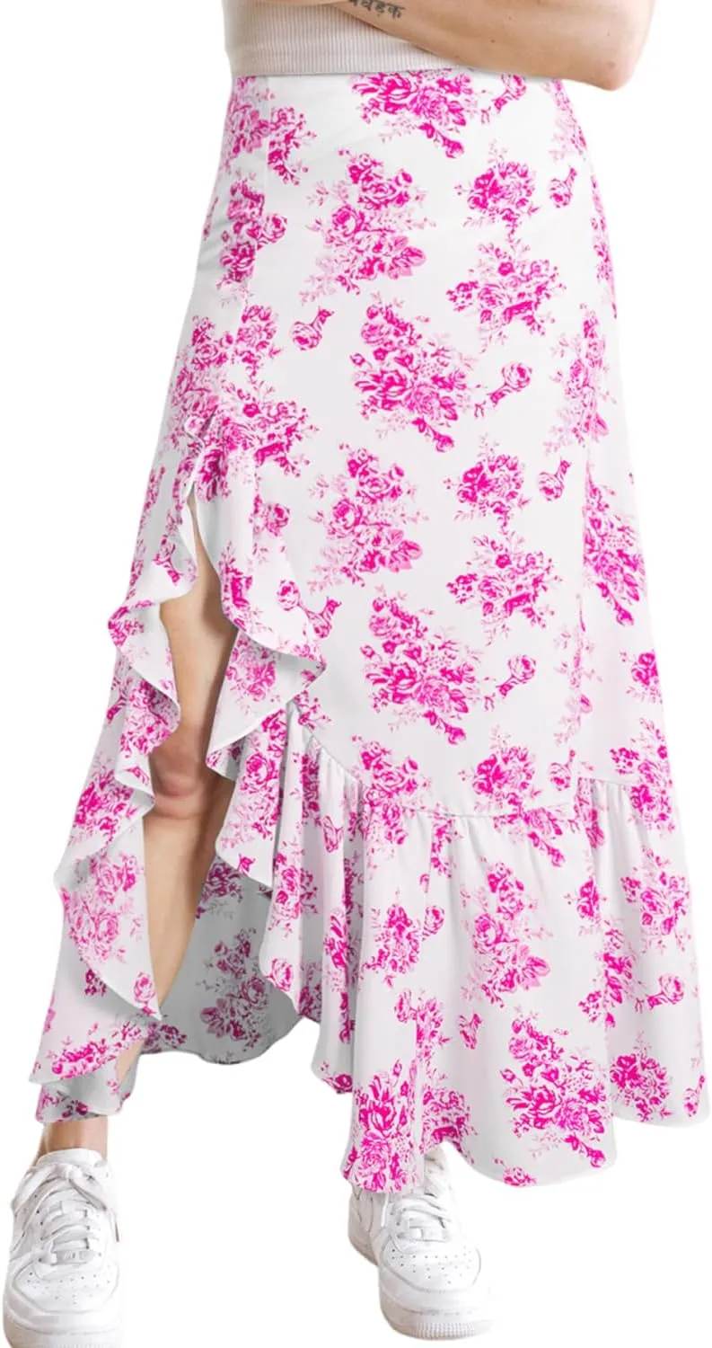 Women's Floral Printed Maxi Skirts Casual Boho Ruffle High Waisted Side Slit Bodycon Skirt Sexy A Line Flowy Skirts