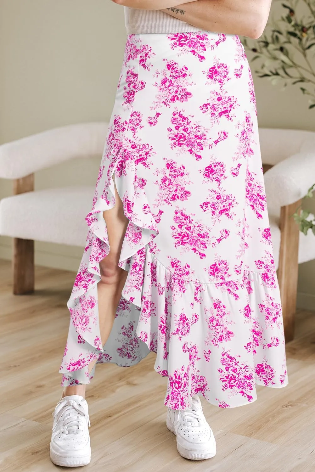 Women's Floral Printed Maxi Skirts Casual Boho Ruffle High Waisted Side Slit Bodycon Skirt Sexy A Line Flowy Skirts