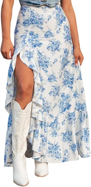 Women's Floral Printed Maxi Skirts Casual Boho Ruffle High Waisted Side Slit Bodycon Skirt Sexy A Line Flowy Skirts