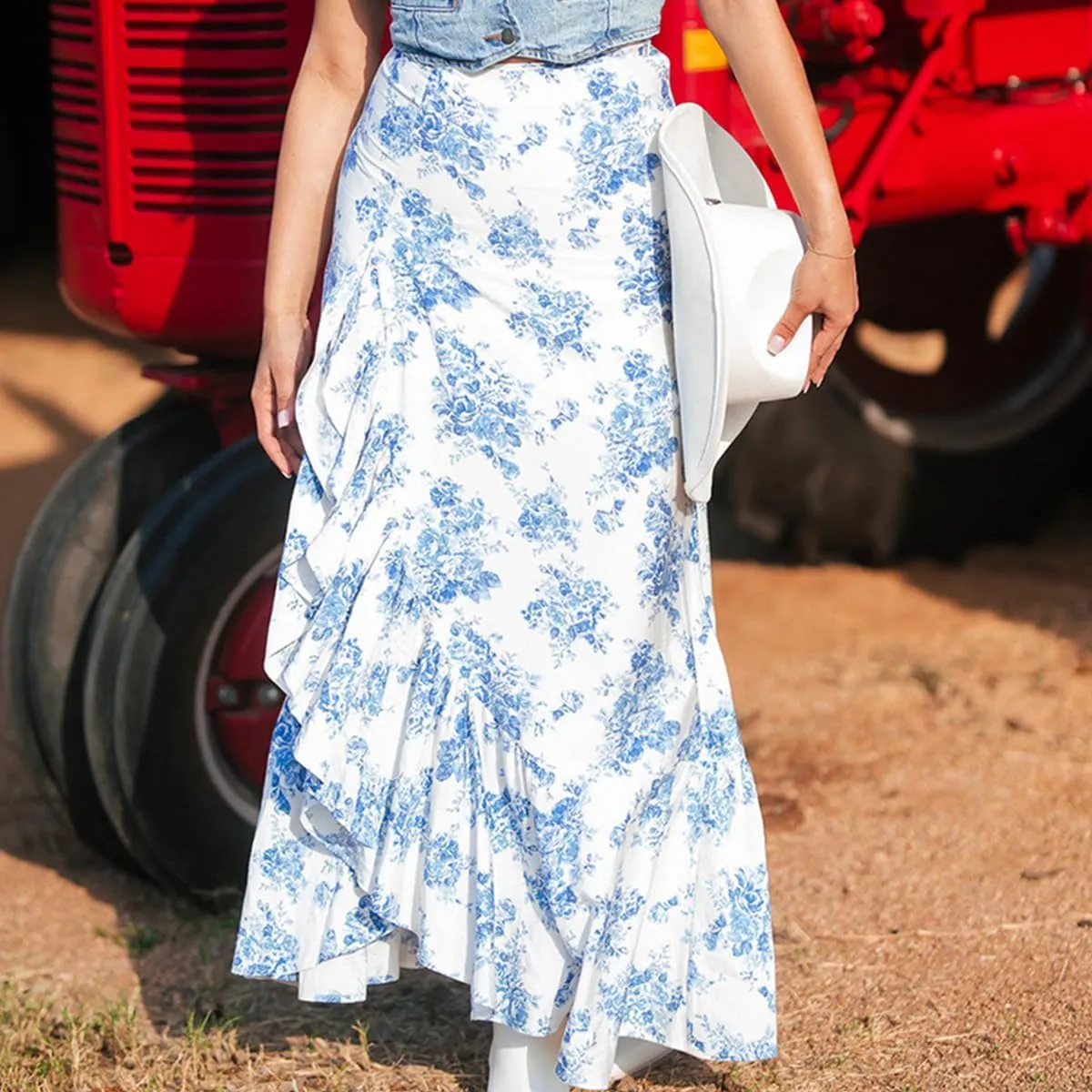 Women's Floral Printed Maxi Skirts Casual Boho Ruffle High Waisted Side Slit Bodycon Skirt Sexy A Line Flowy Skirts
