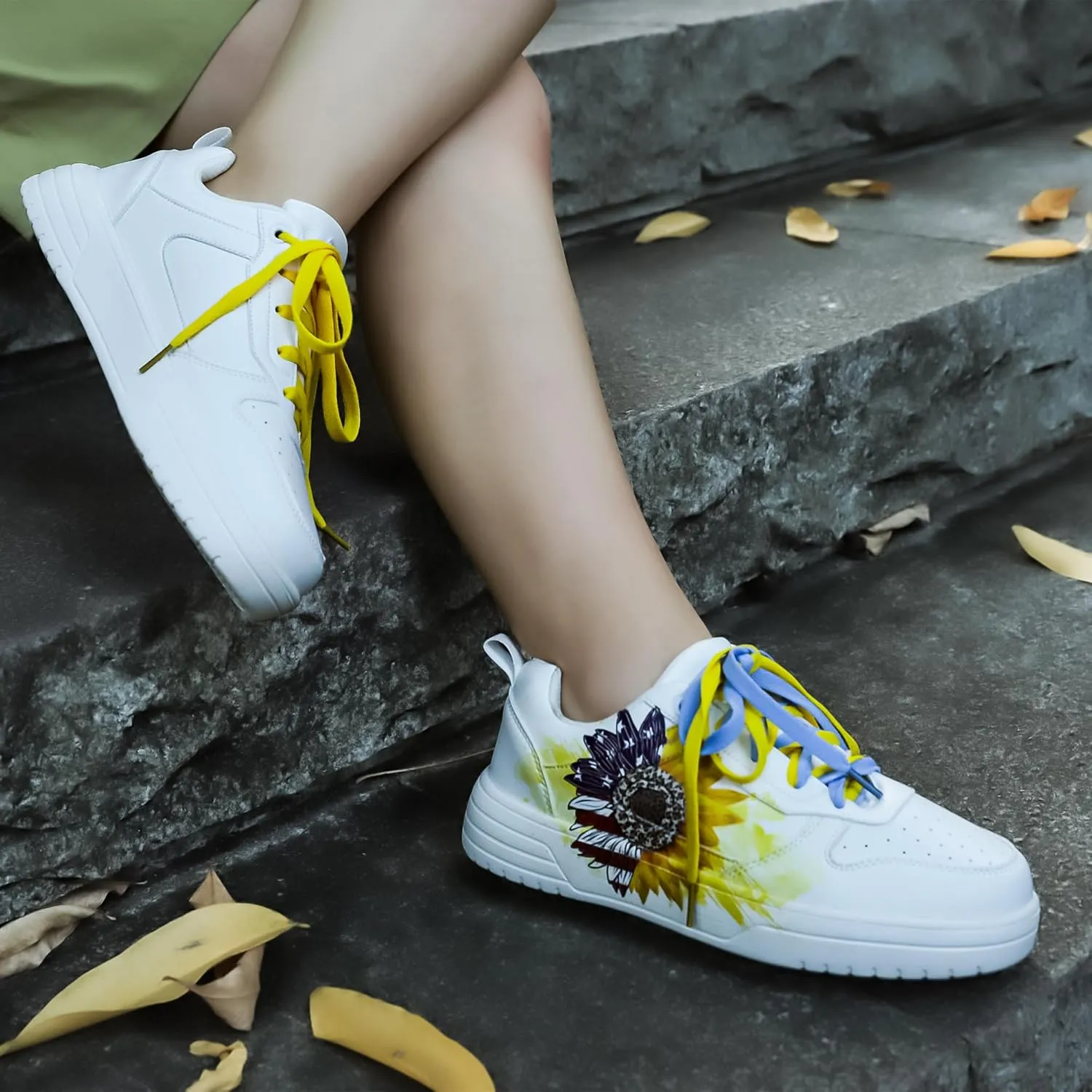 Women's Floral Walking Sneakers - Comfortable Lace-Up White Tennis Shoes with Sunflowers Prints