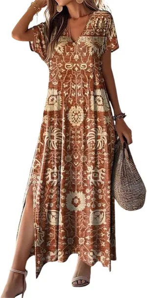Womens Flowy Rustic Floral Print V Neck Short Sleeve Maxi Dress Summer Bohemian Chic Ruched Slit Hem Dress