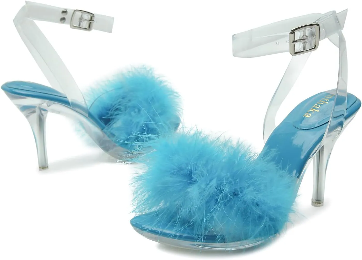 Women's Fuzzy Clear Heels Ankle StrapStilettos Heels Mules Sandals Fluffy Feather Slip On High Heeled Party Prom Dresses Shoes