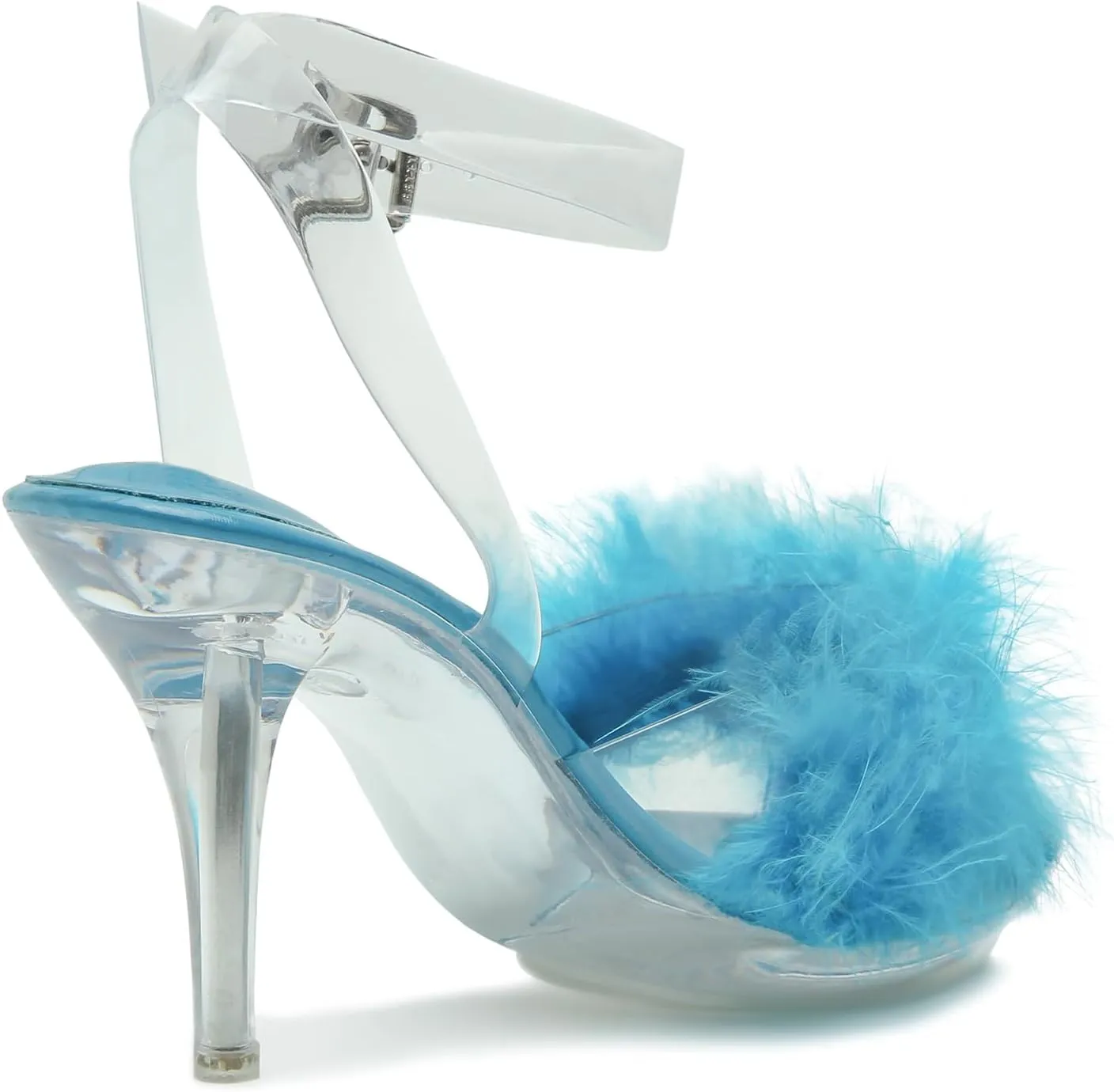 Women's Fuzzy Clear Heels Ankle StrapStilettos Heels Mules Sandals Fluffy Feather Slip On High Heeled Party Prom Dresses Shoes