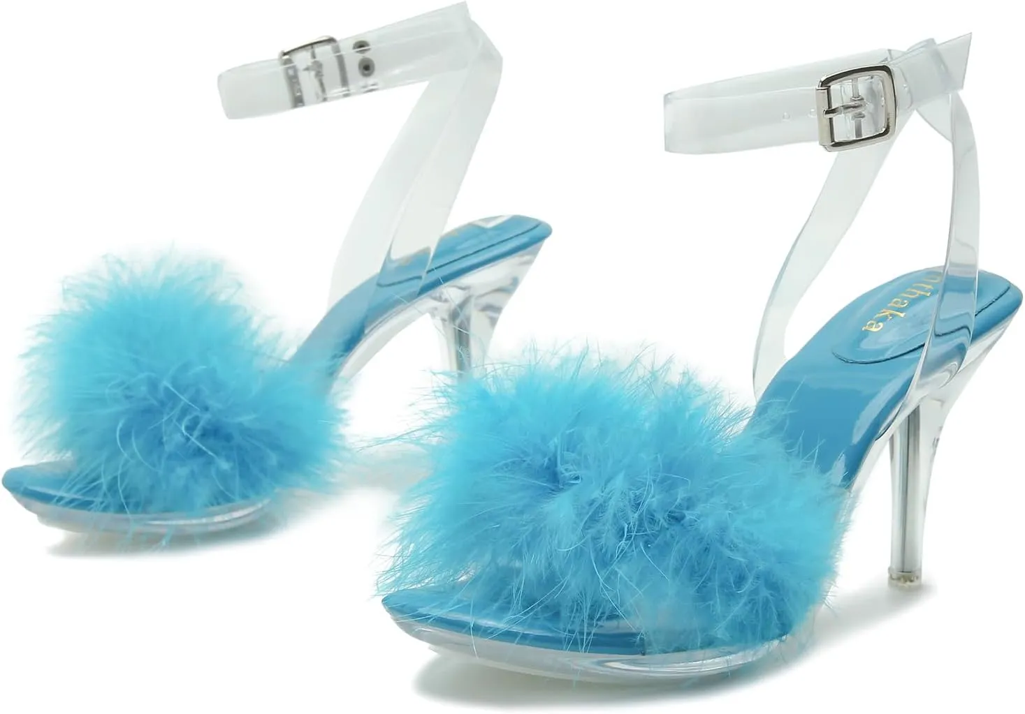 Women's Fuzzy Clear Heels Ankle StrapStilettos Heels Mules Sandals Fluffy Feather Slip On High Heeled Party Prom Dresses Shoes