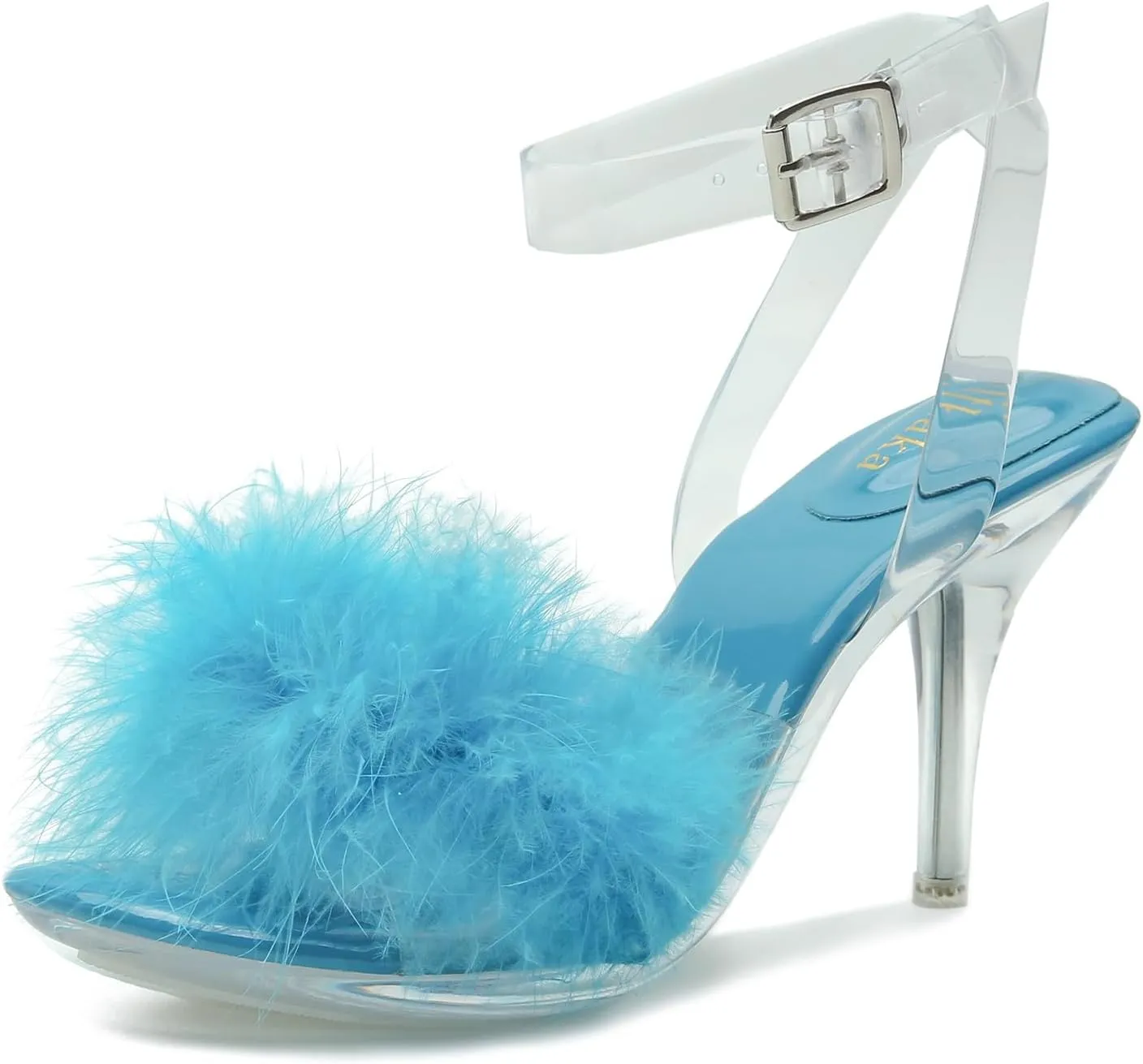 Women's Fuzzy Clear Heels Ankle StrapStilettos Heels Mules Sandals Fluffy Feather Slip On High Heeled Party Prom Dresses Shoes