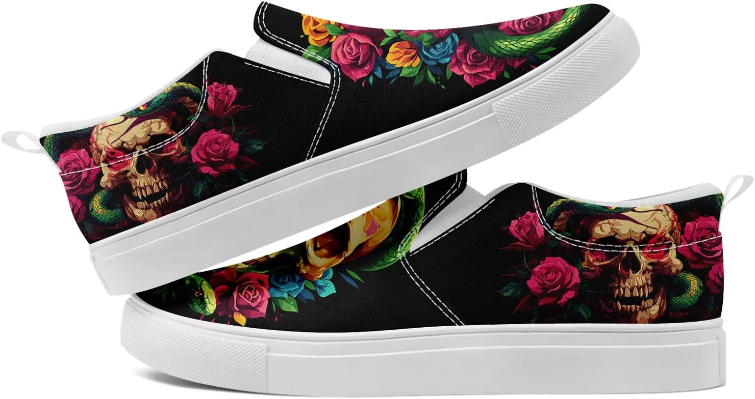 Women's Gothic Skull Slip Ons Sneakers Elastic Canvas Casual Loafers Rock &Punk Low Top Walking Shoes for Men
