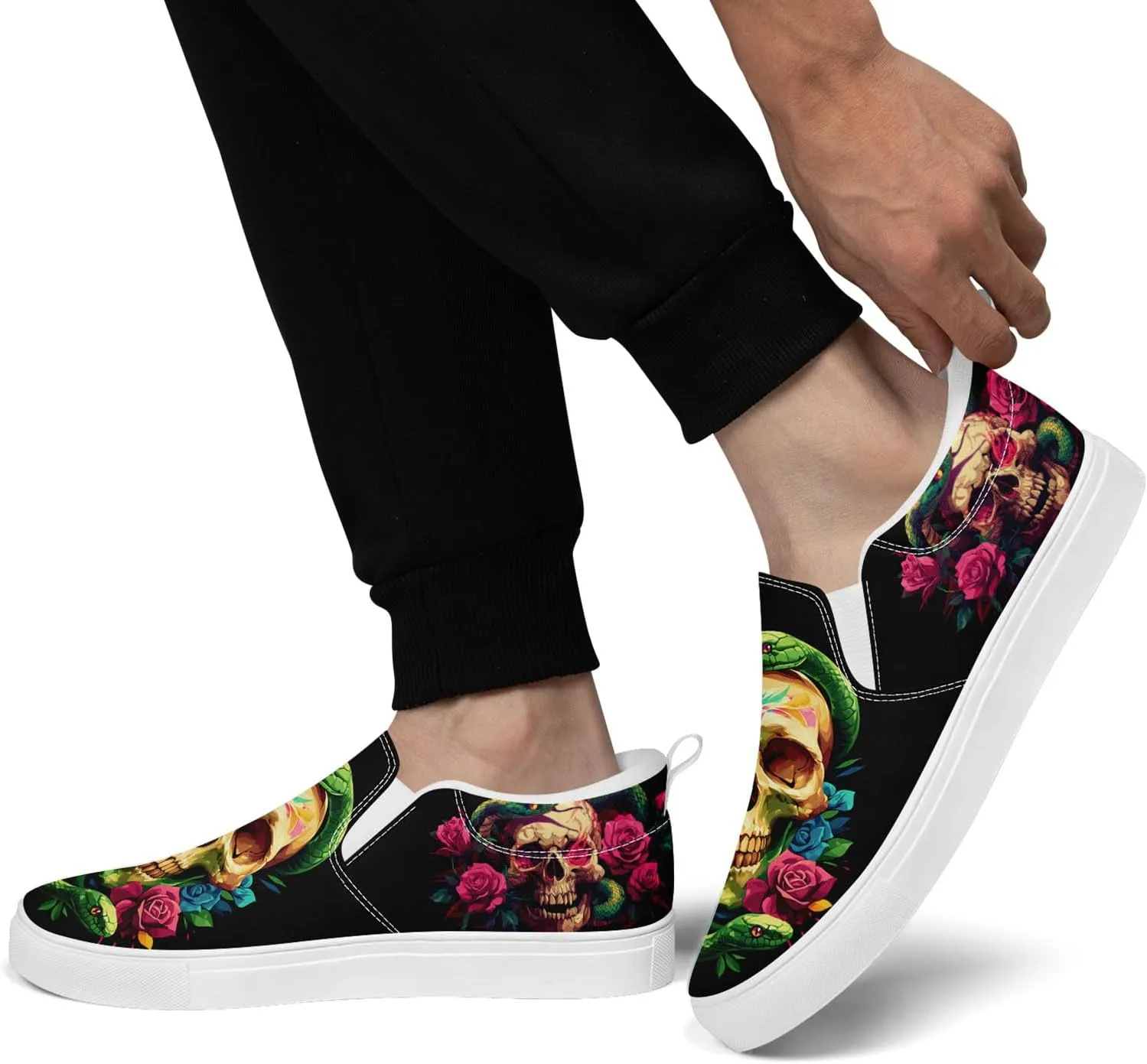 Women's Gothic Skull Slip Ons Sneakers Elastic Canvas Casual Loafers Rock &Punk Low Top Walking Shoes for Men