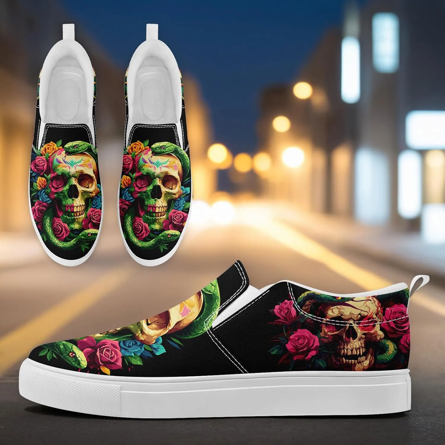 Women's Gothic Skull Slip Ons Sneakers Elastic Canvas Casual Loafers Rock &Punk Low Top Walking Shoes for Men