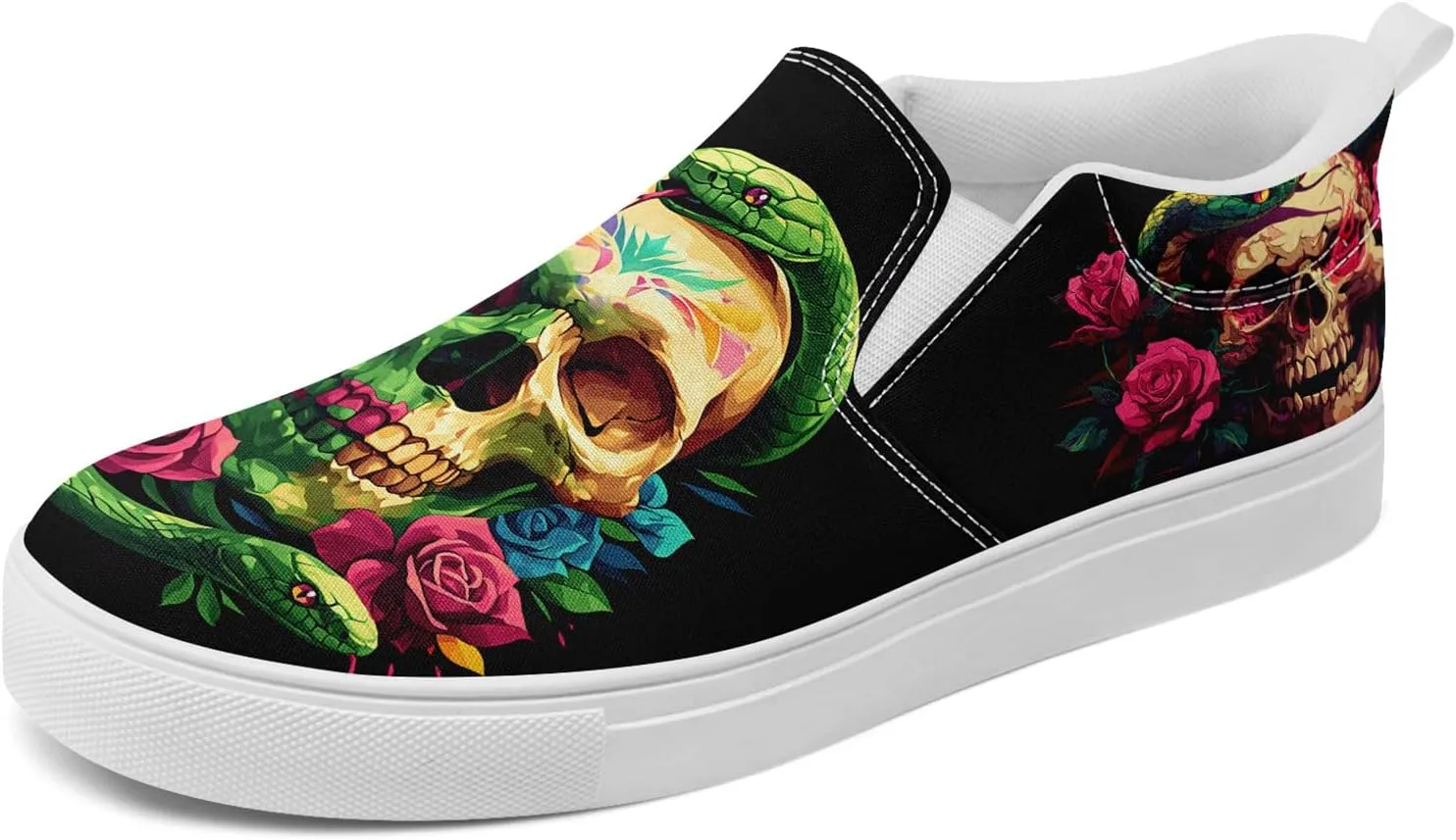 Women's Gothic Skull Slip Ons Sneakers Elastic Canvas Casual Loafers Rock &Punk Low Top Walking Shoes for Men