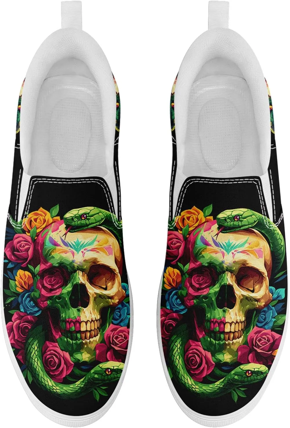 Women's Gothic Skull Slip Ons Sneakers Elastic Canvas Casual Loafers Rock &Punk Low Top Walking Shoes for Men