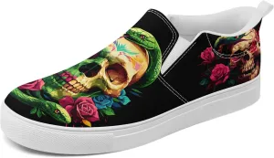 Women's Gothic Skull Slip Ons Sneakers Elastic Canvas Casual Loafers Rock &Punk Low Top Walking Shoes for Men