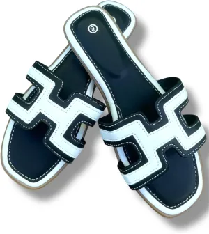Women's H-Style Slide Sandals, Contrast Stitching, Multiple Colors, Flat Casual Slip-On.