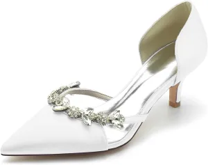 Women's High Heel Bridal Shoes with Crystal Satin Pointed Toe Dress Pumps Slip on Evening Party Wedding Court Shoes